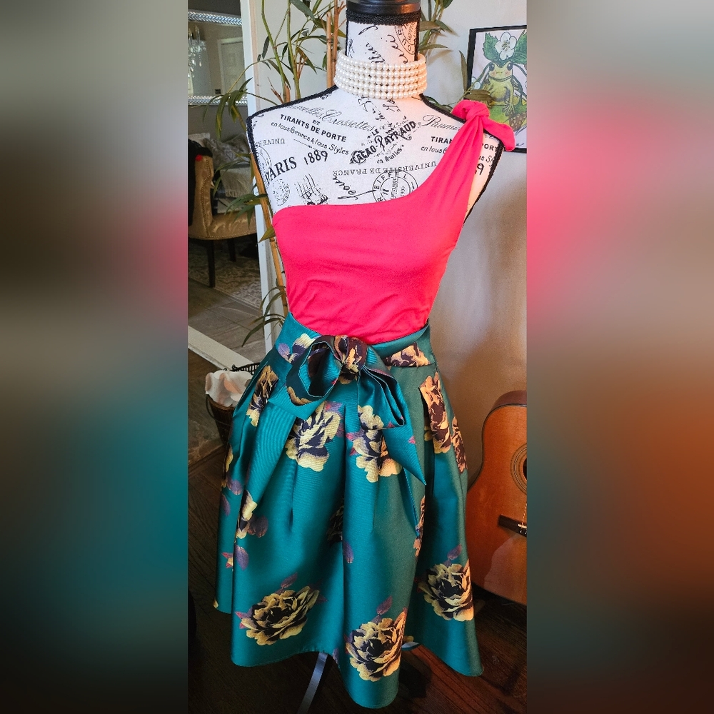 Ark & Co Teal, Red and Gold Floral Hi-low Skirt